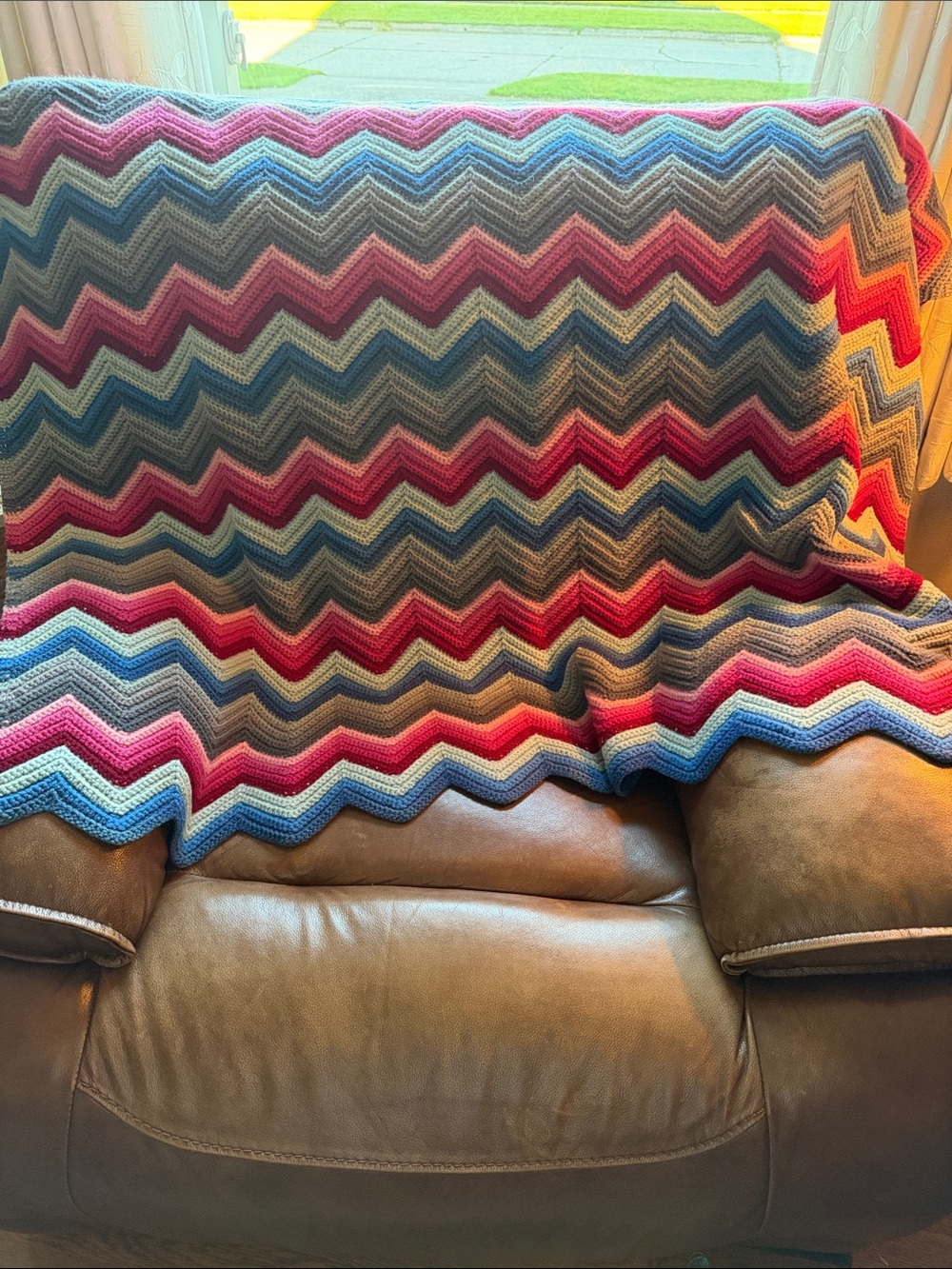 Vintage Handmade Chevron Crochet Throw Blanket in Blue, Pink, Red, Gray, Cream